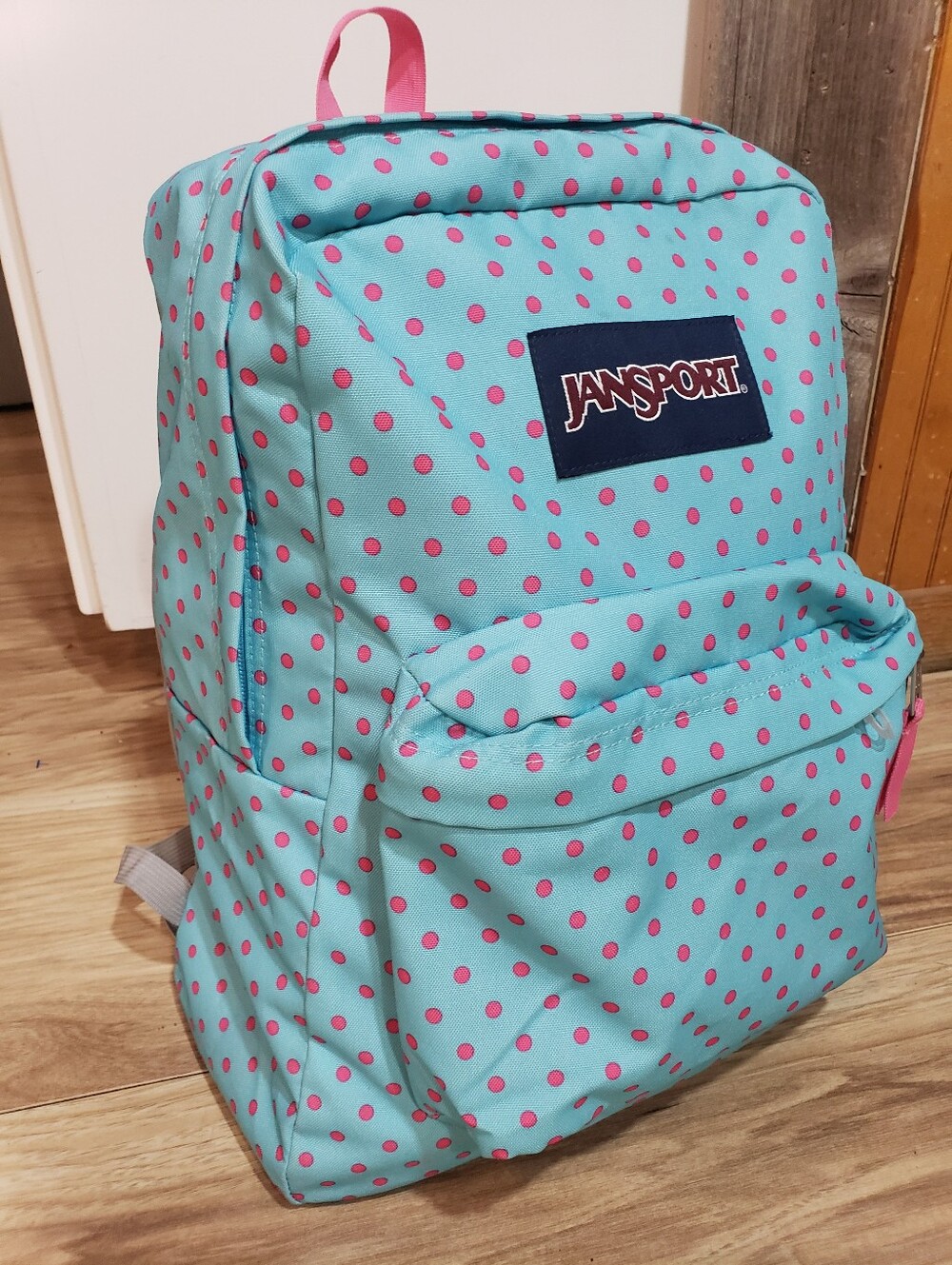 Jansport Superbreak Backpack Light Blue With Pink Poka Dots Full Size